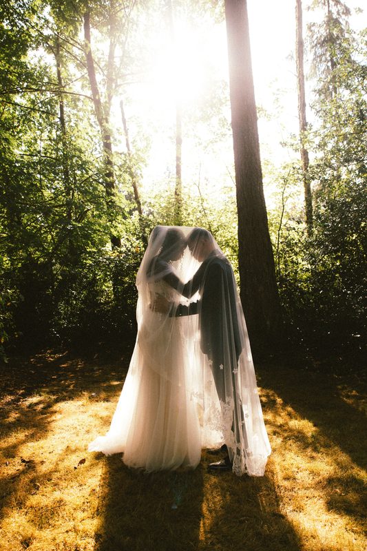 Couple kissing in a sunlit forest, the veil catching the light